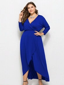 大碼優雅交叉純色連衣裙 - 藍色 - 查看 5