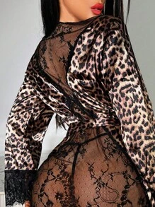 Leopard Print Contrast Lace Belted Satin Robe & Thong, Lingerie - Black - View 2