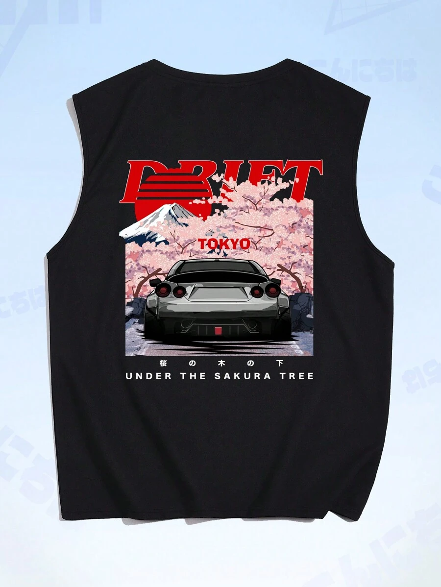 ROMWE MEN Anime Guys Car & Slogan Graphic Tank Top - Black - View 1