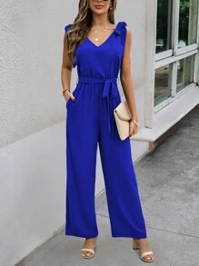 SHEIN LUNE Solid Tie Shoulder Belted Jumpsuit - Blue - View 1