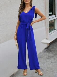 SHEIN LUNE Solid Tie Shoulder Belted Jumpsuit - Blue - View 4