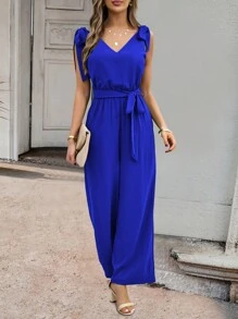 SHEIN LUNE Solid Tie Shoulder Belted Jumpsuit - Blue - View 5