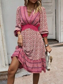 SHEIN LUNE Đầm Viên lá sen Dải chun Hoa Boho - Màu Hồng Tươi - Xem 1