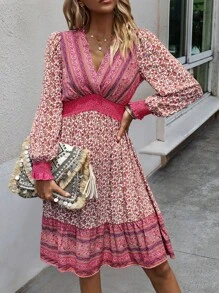 SHEIN LUNE Đầm Viên lá sen Dải chun Hoa Boho - Màu Hồng Tươi - Xem 4