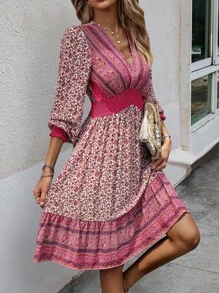 SHEIN LUNE Đầm Viên lá sen Dải chun Hoa Boho - Màu Hồng Tươi - Xem 5