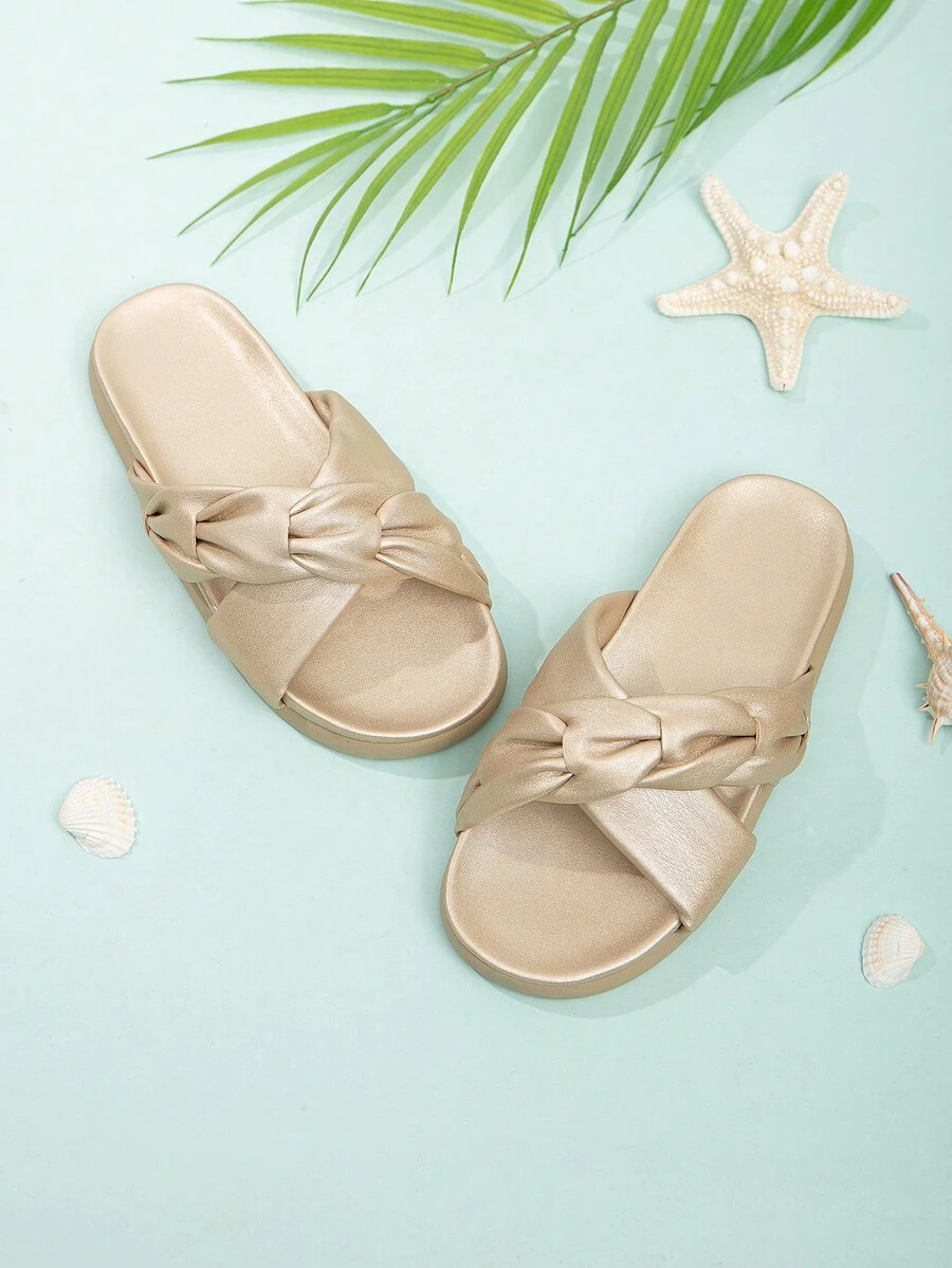 Girls Metallic Ruched Detail Criss Cross Slippers For Summer - Gold - View 1