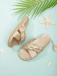 Girls Metallic Ruched Detail Criss Cross Slippers For Summer - Gold - View 2
