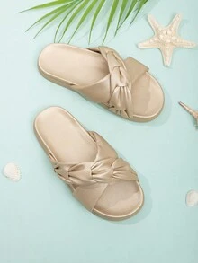 Girls Metallic Ruched Detail Criss Cross Slippers For Summer - Gold - View 3