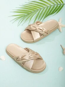 Girls Metallic Ruched Detail Criss Cross Slippers For Summer - Gold - View 6