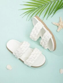 Girls Braided Detail Two Part Boho Slippers For Summer - White - View 2