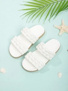 Girls Braided Detail Two Part Boho Slippers For Summer - White - View 4