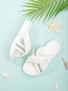 Chicas 1 par Zapatillas con diseño de diamante de imitación con tira cruzada para verano - Blanco - Ver 2