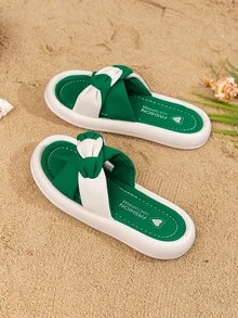 Chicas Zapatillas de dos tonos fruncido con tira cruzada para verano - Verde - Ver 2