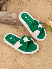 Chicas Zapatillas de dos tonos fruncido con tira cruzada para verano - Verde - Ver 4