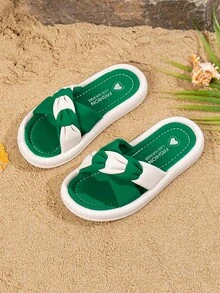Chicas Zapatillas de dos tonos fruncido con tira cruzada para verano - Verde - Ver 5