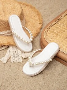 Girls Faux Pearl Decor Flip Flops For Summer - White - View 4