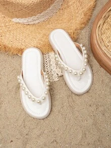 Girls Faux Pearl Decor Flip Flops For Summer - White - View 5