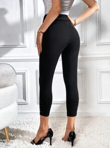 SHEIN Privé Quần nữ Thắt lưng Nút màu trơn Giải trí - màu đen - Xem 3