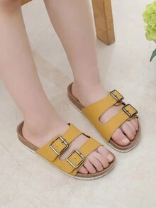Chicas Zapatillas con hebilla cuadrada adorno para verano - Amarillo - Ver 2
