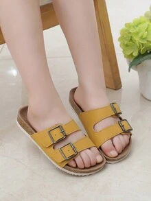 Chicas Zapatillas con hebilla cuadrada adorno para verano - Amarillo - Ver 3