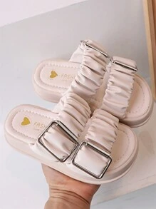 Chicas Zapatillas con diseño de hebilla fruncido con tira doble para verano - Beis - Ver 1