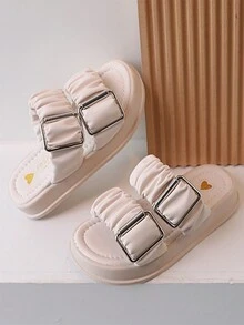 Chicas Zapatillas con diseño de hebilla fruncido con tira doble para verano - Beis - Ver 3