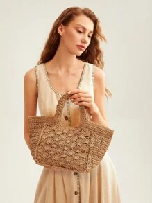 MOTF X Nour PREMIUM STRAW TOTE HANDBAG - Khaki - View 3