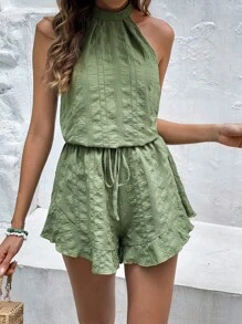 SHEIN Frenchy Solid Halter Top & Knot Waist Shorts Summer Green Casual Christmas - Green - View 1