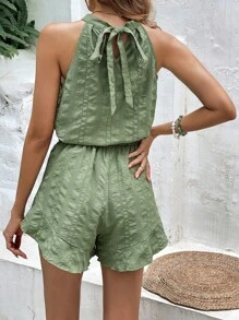 SHEIN Frenchy Solid Halter Top & Knot Waist Shorts Summer Green Casual Christmas - Green - View 2