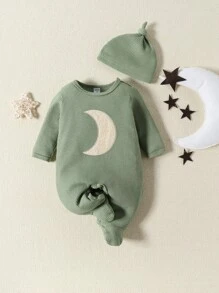 男嬰月亮補丁貼華夫格編織連身褲和帽 - 綠色 - 查看 1