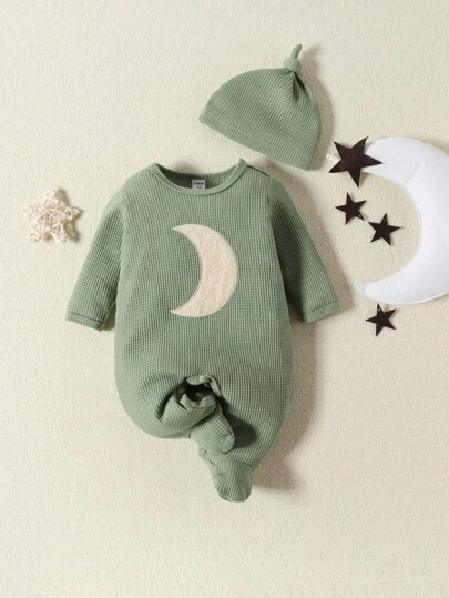 男嬰月亮補丁貼華夫格編織連身褲和帽