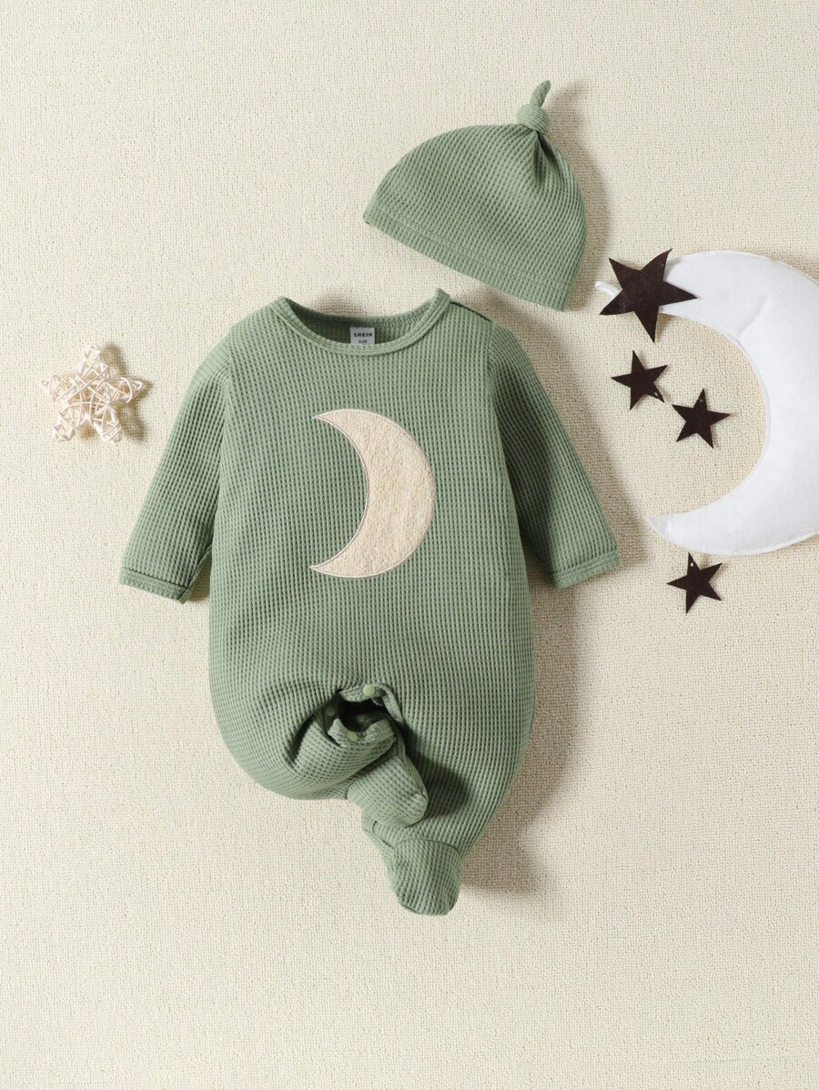 男嬰月亮補丁貼華夫格編織連身褲和帽 - 綠色 - 查看 1