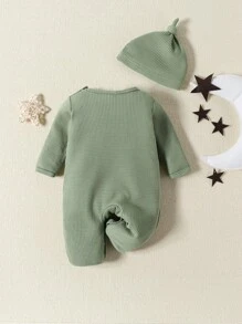 男嬰月亮補丁貼華夫格編織連身褲和帽 - 綠色 - 查看 2
