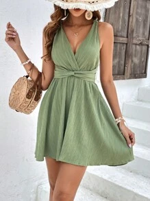 SHEIN Frenchy Đầm Lộ Lưng Buộc lại xoắn lại Trọn gói màu trơn Gợi cảm - màu xanh lá - Xem 3