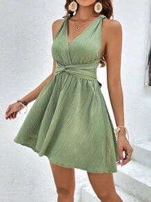 SHEIN Frenchy Đầm Lộ Lưng Buộc lại xoắn lại Trọn gói màu trơn Gợi cảm - màu xanh lá - Xem 5