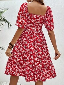 SHEIN Frenchy 碎花前扭結鏤空蝴蝶袖連衣裙 - 紅色 - 查看 2