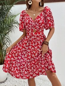 SHEIN Frenchy 碎花前扭結鏤空蝴蝶袖連衣裙 - 紅色 - 查看 5