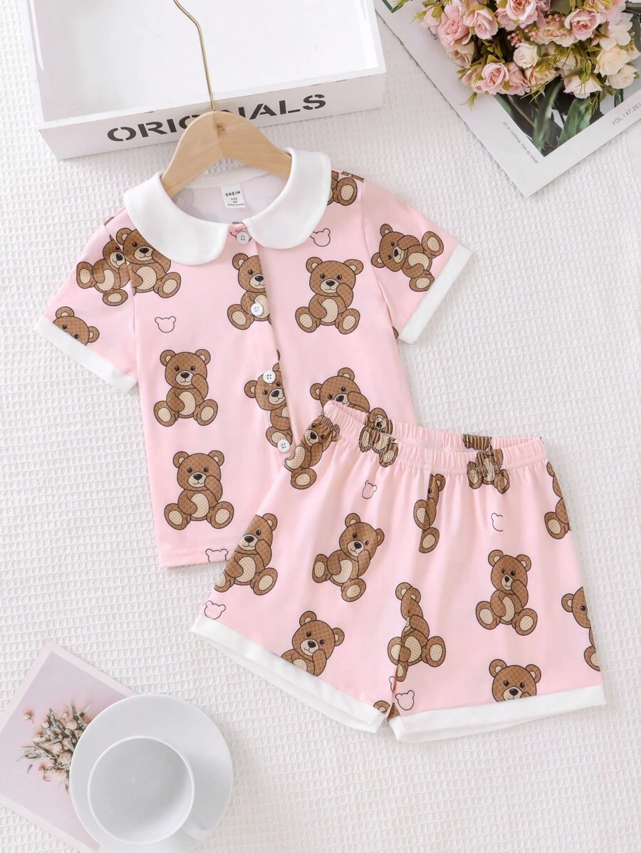 Toddler Girls Bear Print Contrast Collar PJ Set - Pink - View 1