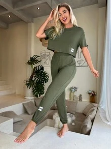 Letter Patched Detail Tee & Trousers Lounge Set - Army Green - View 1