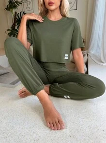 Letter Patched Detail Tee & Trousers Lounge Set - Army Green - View 7
