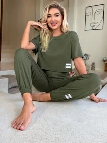 Letter Patched Detail Tee & Trousers Lounge Set - Army Green - View 3
