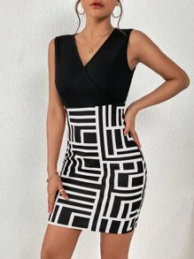 SHEIN Privé 幾何印花交疊領緊身連衣裙 - 黑與白 - 查看 6
