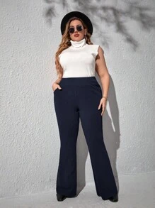 SHEIN Essnce Quần Plus Size Túi màu trơn Thanh lịch - Màu xanh hải quân - Xem 5