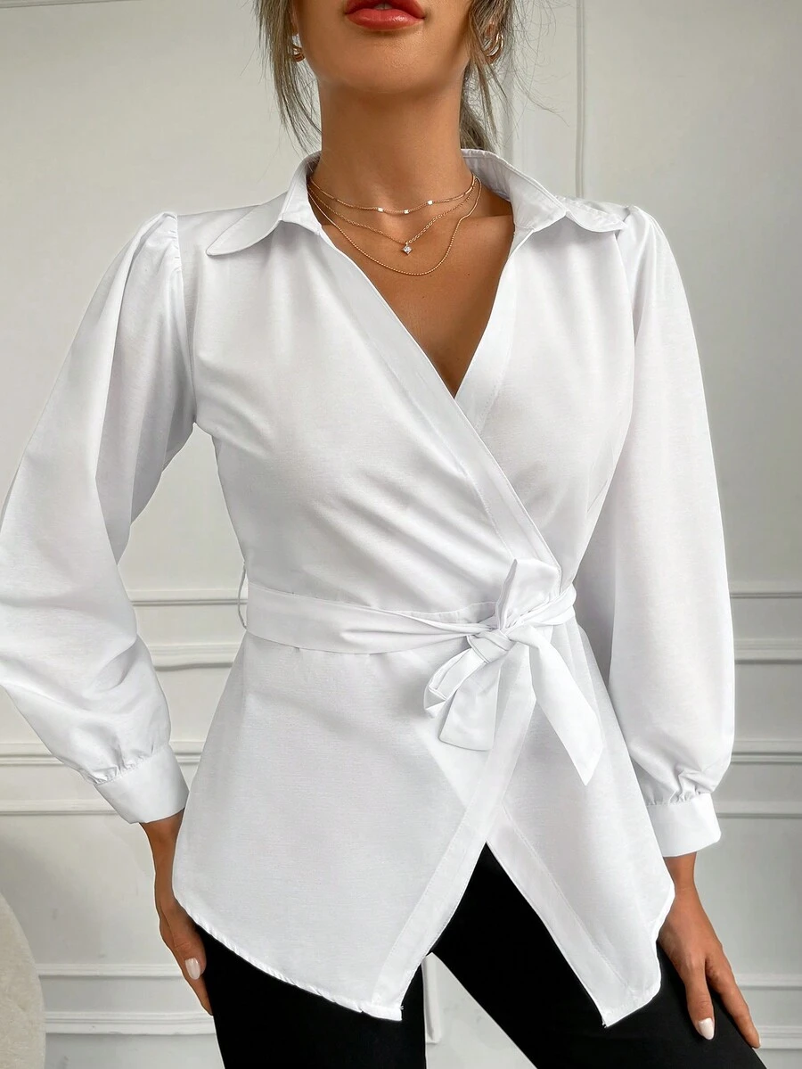 Cottnline Solid Surplice Neck Puff Sleeve Belted Blouse - trắng - Xem 1