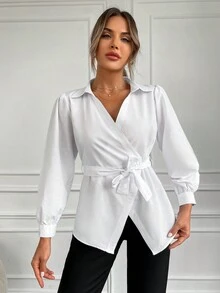 Cottnline Solid Surplice Neck Puff Sleeve Belted Blouse - trắng - Xem 4