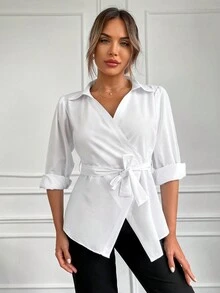 Cottnline Solid Surplice Neck Puff Sleeve Belted Blouse - trắng - Xem 5