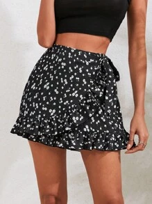 EURMUSE Ditsy Floral Print Ruffle Trim Tie Side Wrap Skort - Black - View 1