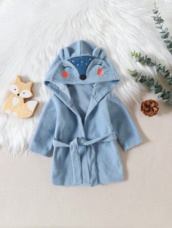 SHEIN Perso Play Bebis Pojke Tecknat Broderi 3D Öron Design Huva Mantel med Bälte