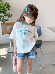 zosee 小女童字母圖案拼接邊落肩T恤 - 白色 - 查看 1