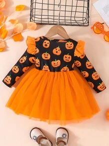 嬰兒萬聖節南瓜圖案荷葉邊網紗邊連衣裙 - 彩色 - 查看 2